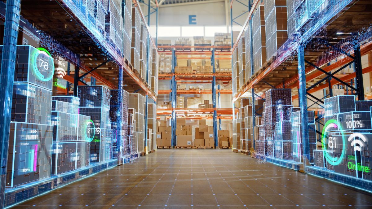 Numérisation de la boutique en ligne et visualisation du processus industriel qui analyse les marchandises Boîtes en carton Infographie de livraison des produits dans la logistique